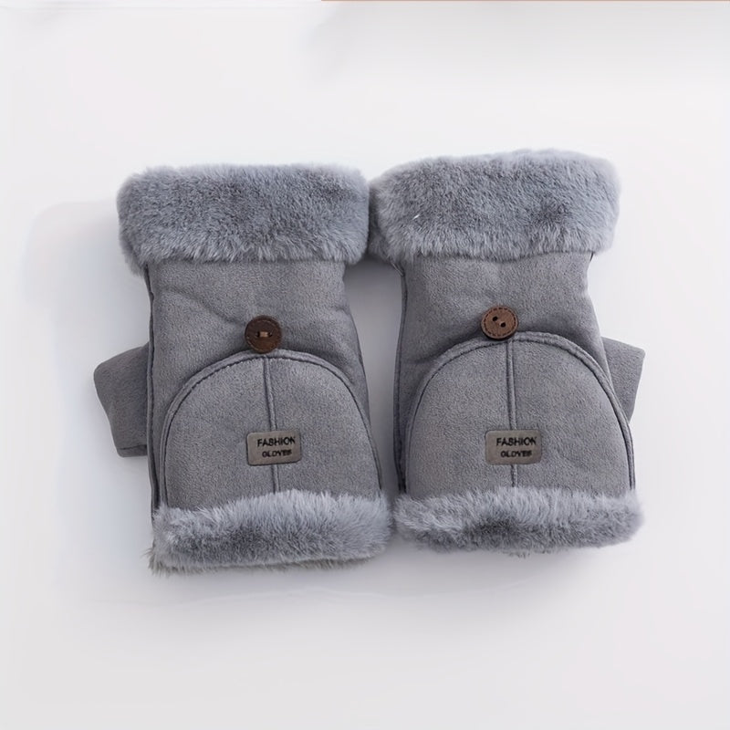 Women'S Autumn And Winter Warm And Cute Thick Fleece-Lined Half-Finger Touchscreen Gloves for Biking, Featuring a Flip Cover.